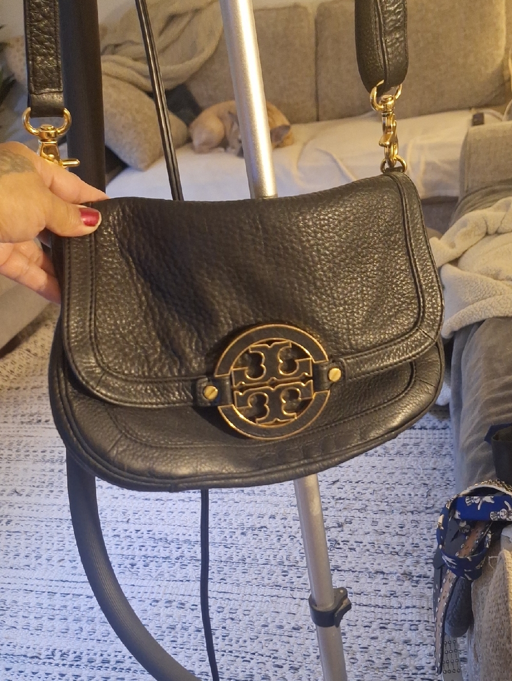 Tory Burch Black Leather Pebbled Crossbody with Gold Logo